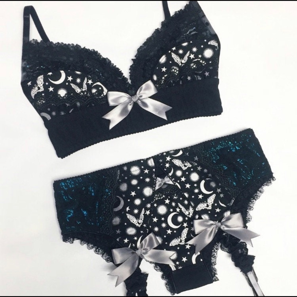 Handmade Three Piece Lingerie Set with Bats 30B